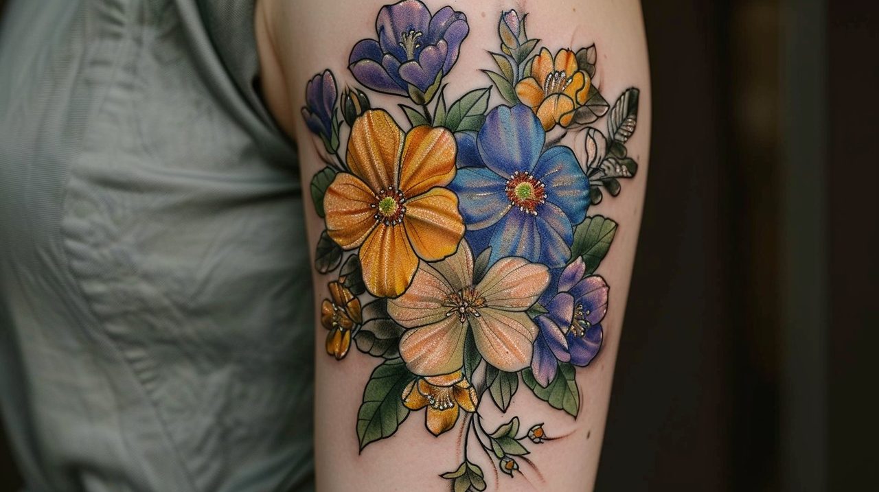 Tatouage botanique de roses et feuillage sur avant-bras féminin, style réaliste noir et gris