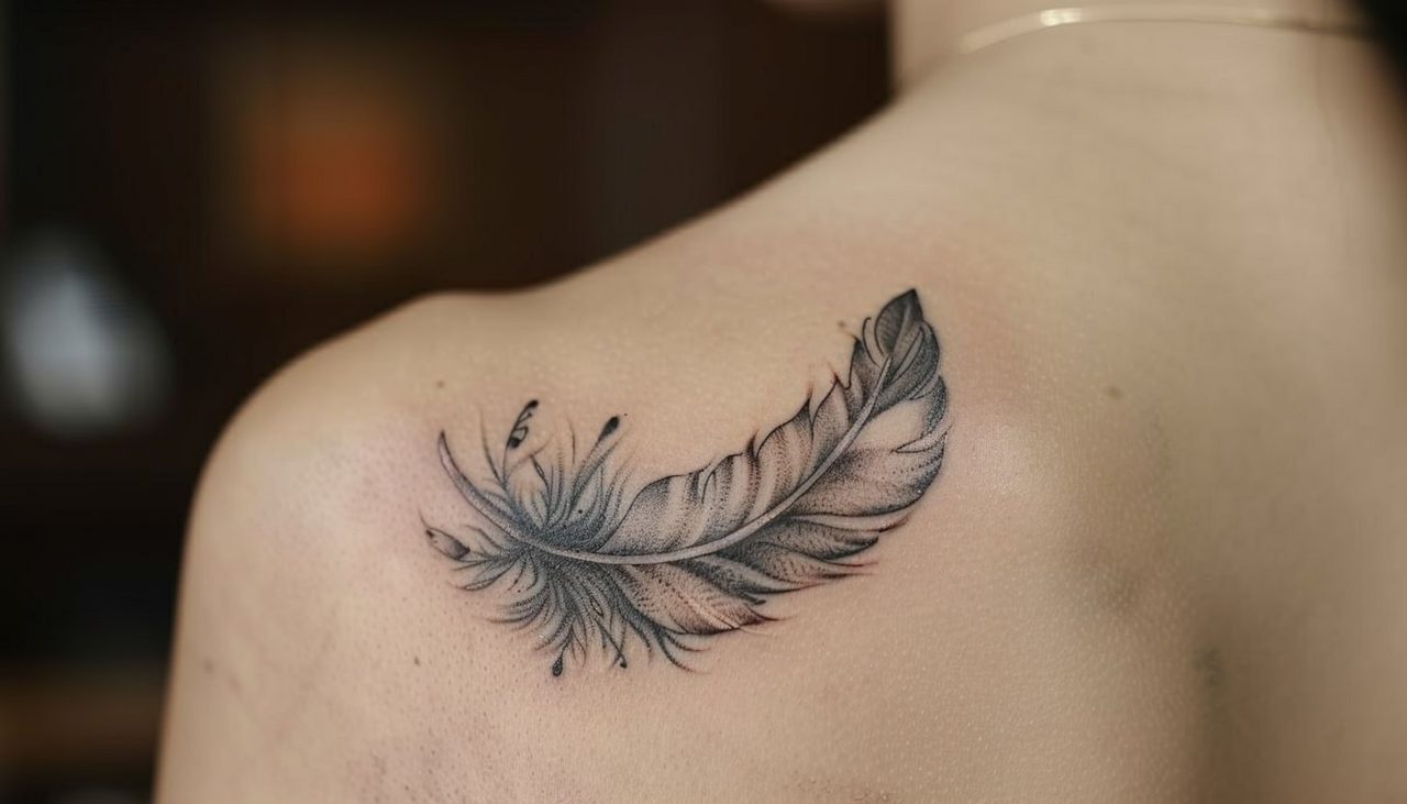 Tatouage de plume d'aigle en noir et gris sur avant-bras féminin, style réaliste détaillé