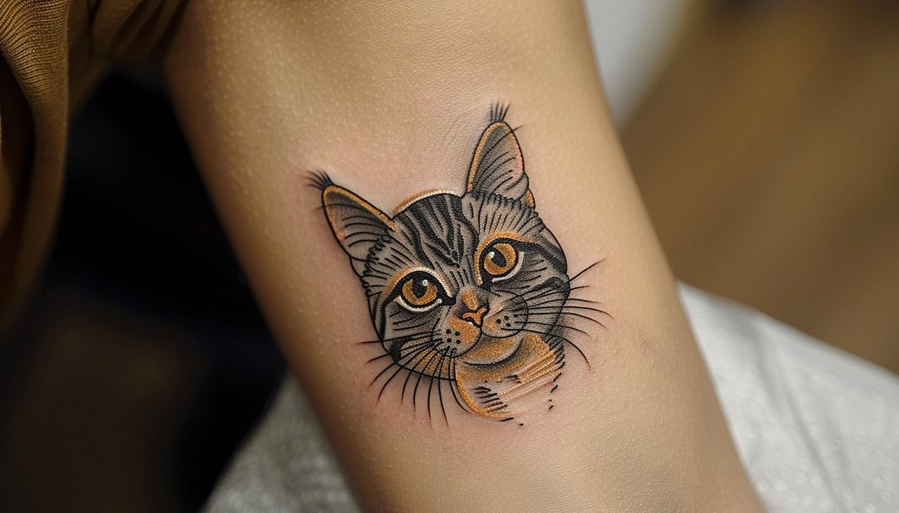 Tatouage réaliste d'un chat tigré sur avant-bras féminin, détail de la fourrure en noir et gris